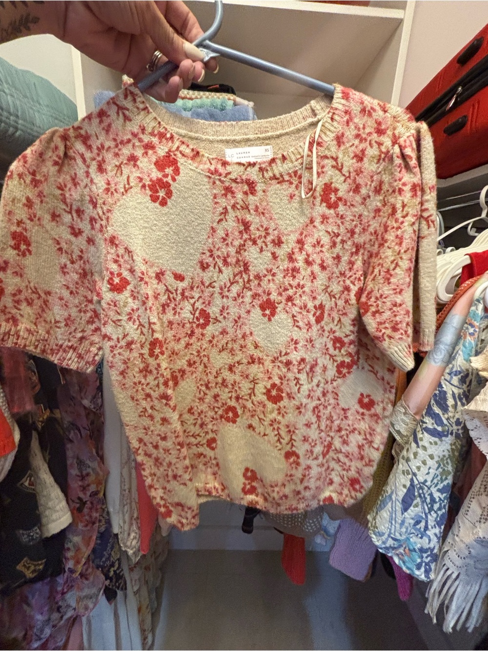 LC Lauren Conrad Cream Knit Top with Red Floral Jacquard